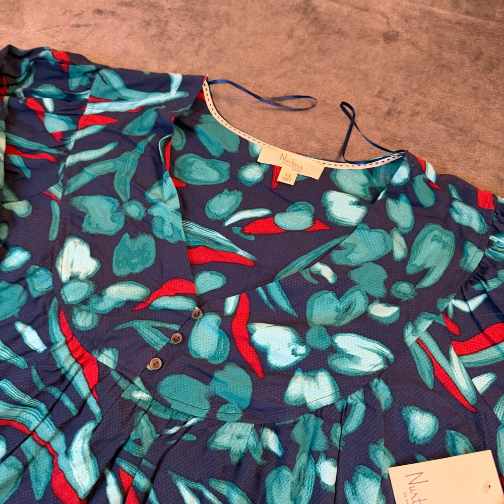 Nurture Westbound Floral Blouse Womens 2X‎ Navy Blue Smocked Cuff Rayon Top
